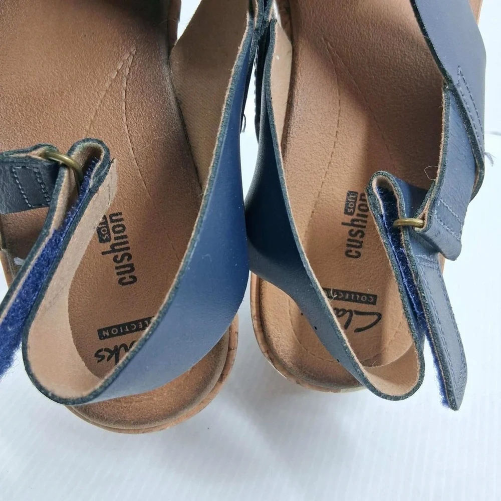 Clarks Navy Blue Leather Cork Wedge Platform Sandals Womens 10 Cushion Soft